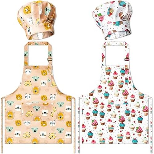 GROBRO7 4Pcs Kids Apron Chef Hat Set Gift for Girls Boys Adjustable Kitchen Toddler Aprons with 2 Pockets for Baking Cooking
