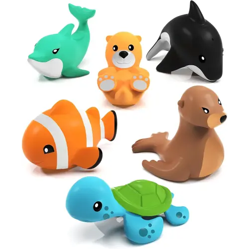 Tub Works® Marine™ Lot de 6 jouets de bain sans moisissure | Design scellé et sans trou pour garder l'humidité à l'extérieur | Doux, compressible et flottant sur l'eau | Ensemble de jouets de bain