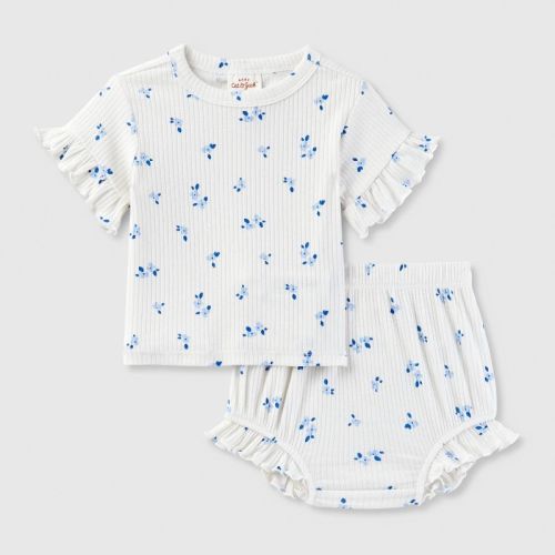 Baby Girls' Ribbed Top & Bottom Set - Cat & Jack™ Cream/blue 18m