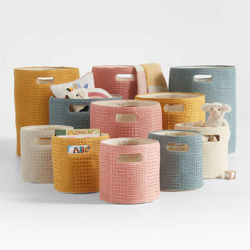 Nella Rose Pink Cotton Waffle Weave Large Storage Bin with Handles