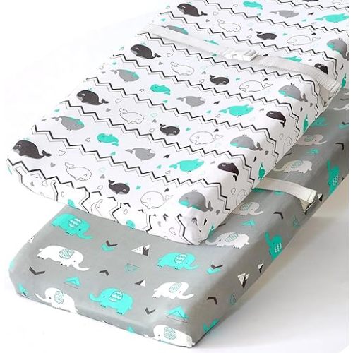 Stretchy Changing Pad Covers for Boys Girls,2 Pack Jersey Knit,Elephant & Whale