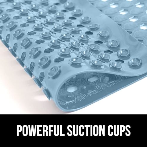 GORILLA GRIP Patented Bath Tub Shower Mat, 35x16 Washable Bathtub Floor Mats, Suction Cups and Drain Holes to Keep Tubs Clean, Sky Blue Opaque