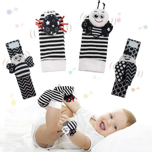 Wrist Rattle Foot Finder Sock for 0-36 Months Baby Boys and Girls, Newborn Baby Soft Hand & Feet Rattle 0-3 Years, Black and White Babies Development Toys for Infant Bebe (BBR-4 PCS)