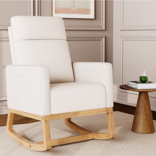 SAETSFEG Rocking Chair Nursery, Comfortable Upholstered Glider Rocker Chairs Indoor for Adults, Mid-Century Modern Nursing Accent Rockers for Living Room, Bedroom, Beige
