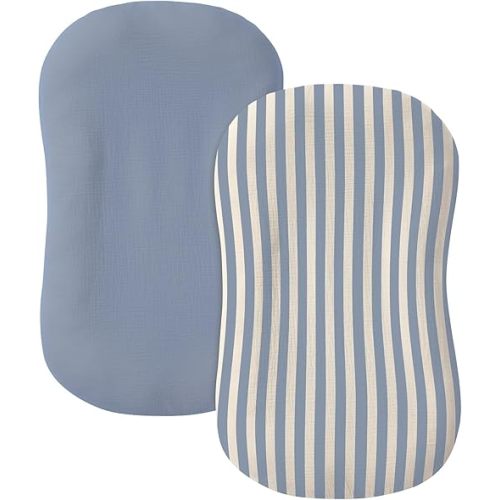 Muslin Baby Lounger Cover 2 Pack, 100% Cotton Infant Lounger Cover, Soft & Breathable Replacement Slipcover, Compatible with Snuggle Me Newborn Lounger (Tradewinds,Blue Stripe)