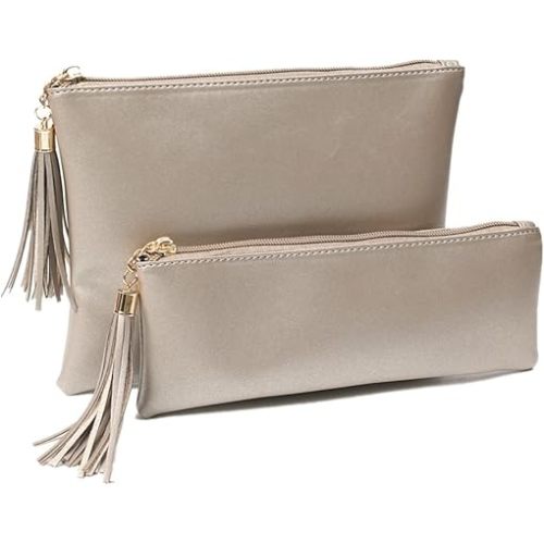 Makeup Bag for Purse Leather Zipper Makeup Pouch with Makeup Brush Bag Cute Makeup Bags for Women Travel (Champagne)