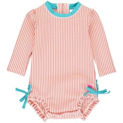 RuffleButts Baby/Toddler Girls Seersucker Long Sleeve One Piece Rash Guard Swimsuit with UPF 50+ Sun Protection