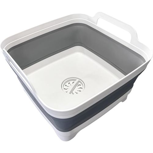 9L (2.4Gal) Dish Basin Collapsible with Drain Plug Carry Handles,Kitchen Storage Tray Dish Wash Basin, Portable Dish Tub, Foldable Dishpan for Camping,RV,Gray