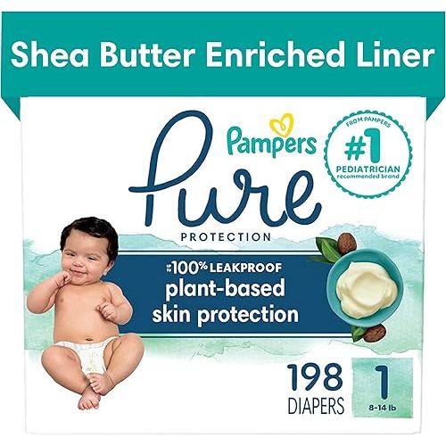 Pampers Pure Protection Diapers - Size 1, One Month Supply (198 Count), Hypoallergenic Premium Disposable Baby Diapers