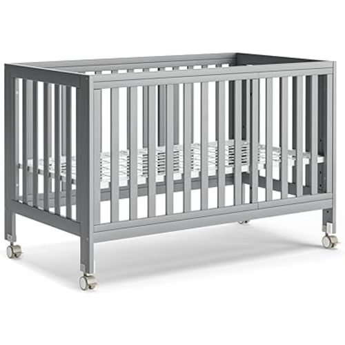 EvoNest Baby Crib, 11 in 1 Convertible Mini Crib with Wheels, 100% New Zealand Wood Growing Bed, 4 Adjustable Mattress Height,Grey