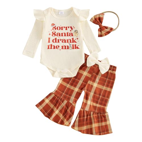 Kuriozud Newborn Baby Girl Bell Bottom Outfit Ruffle Romper Cute Bow Flare Pants Set Headband Cute Clothes