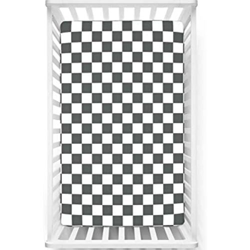 Checkered Themed Fitted Crib Sheet,Standard Crib Mattress Fitted Sheet Polyester Toddler Bed Mattress Sheets-Crib Mattress Sheet or Toddler Bed Sheet, 28“ x52“,White Grey