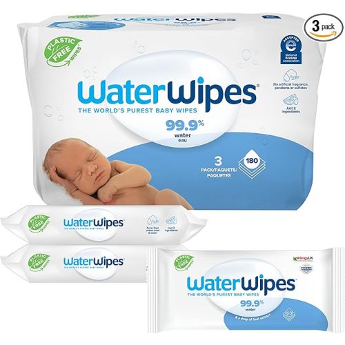 WaterWipes Plastic-Free Original Baby Wipes, 99.9% Water Based Wipes, Unscented & Hypoallergenic for Sensitive Skin, 180 Count (3 packs), Packaging May Vary