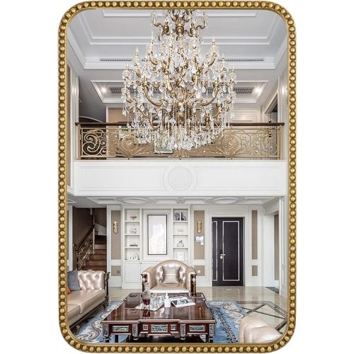 Wall Mirror for Bathroom - 30"x40" Rectangle Rounded Corner Beaded Frame Mirror, Large Vanity Mirror Hangs Horizontal or Vertical, Antique Gold