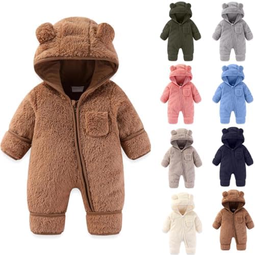 Bear Romper Outfit Suit Girls Boys Winter Snowsuit Fleece Lined Clothes Zipper Hooded Fleece Jumpsuit Comfy Warm Coat