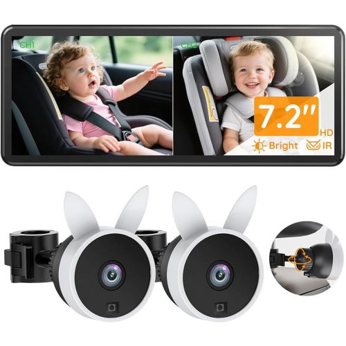 Babyvue BV3PRO 7.2" Dual Car Camera Baby Monitor, 1080P HD Split Screen, IR Night Vision, Double Car Camera for 2 Baby, Easy Setup for Carseat, Perfect for Family Travel, Pet Friendly