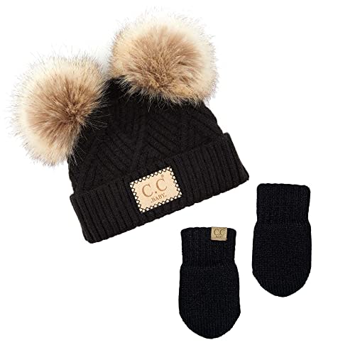 Funky Junque Baby Pom Beanie & Fleece Mittens Set - Warm Winter Essentials - Spring Colors, Classic Neutrals, Pattern Styles