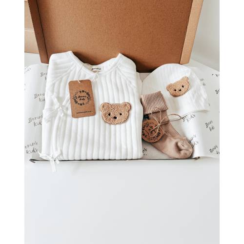 Baby Bear Gift Set of 3| Milk White Cotton Romper, Beige Socks, Bear Beanie Hat | Cute Gender Neutral Gifts for Girls Boys Babyshower