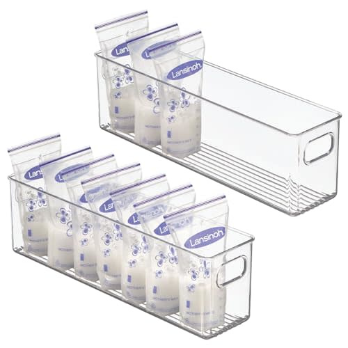 mDesign Plastic Long Stackable Storage Organizer Container, Organization Bin w/Handles for Kitchen, Pantry, Fridge, Freezer, Cabinet, Perfect to Hold Breast Milk - Ligne Collection - 2 Pack, Clear