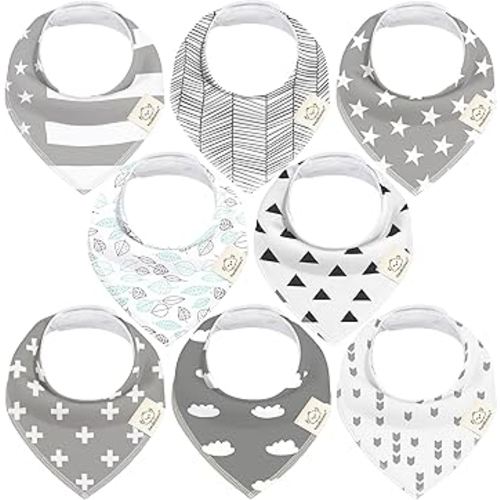 8-Pack Organic Baby Bandana Bibs for Boys, Girls - Super Absorbent Triangle Baby Bibs for Drooling and Teething Infant, 100% Cotton Extra Soft for Newborn, Infant 0-36 Months(Grayscape)