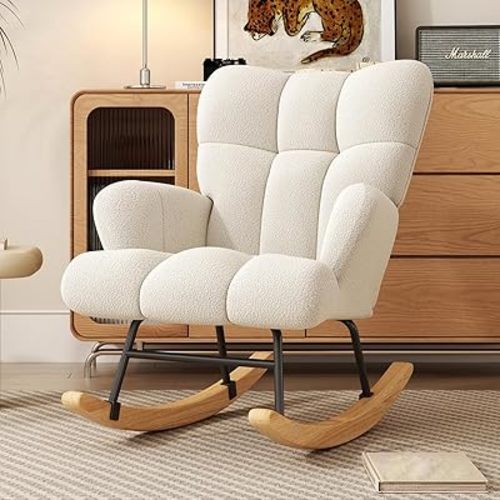 Glider Rocking Chair Nursery, Comfy Accent Chair Armchair with High Backrest Teddy Soft Upholstered Living Room Chairs for Reading Bedroom Living Room Home Office Nursery (Milky White)