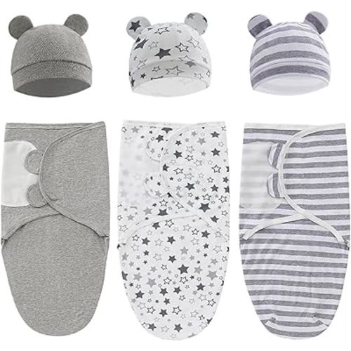 Baby Swaddle Sleep Sack with Hat Set for Boys Girls Grey/Star/Strip