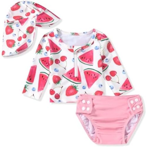 HINTINA Newborn Baby Girl Long Sleeve 2-Pieces Swimsuit Bathing Suit with Hat