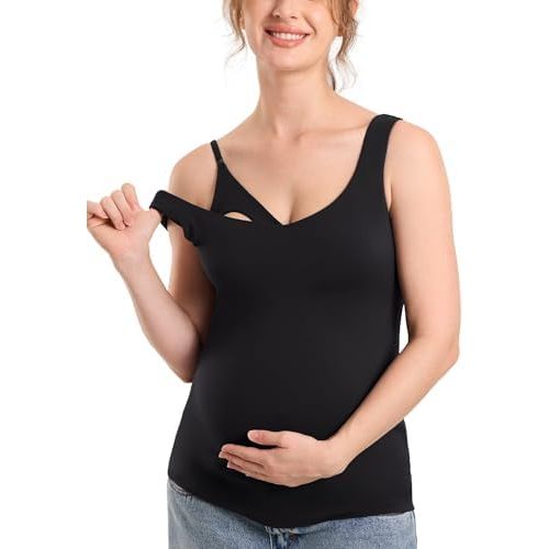 MOMANDA Maternity Nursing Tank Tops with Built in Bra Sleeveless Casual Pregnancy Tee V Neck Workout Shirt