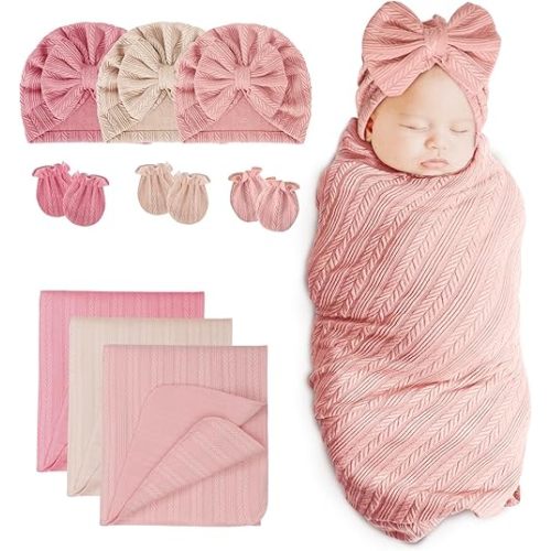 DRESHOW BQUBO Newborn Receiving Blanket Hat Mittens Set for Baby, Unisex Baby Boys Girls Essentials, Newborn Registry Must Haves, Stroller Crib Shower Gifts
