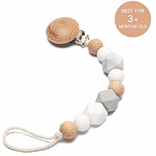 O'MySummer Modern Pacifier Clip for Baby|Natural Beech Wood & 100% BPA Free Silicone Beads|Universal fits Bibs, Nuk, Tommee Tippee and Avent|Binky Holder for Infant Newborn (Marshmallow White)