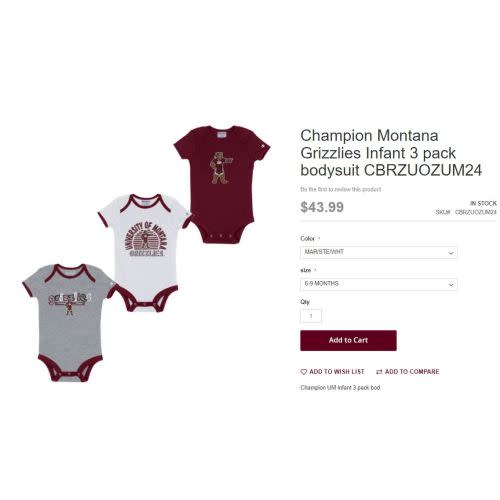 Champion Montana Grizzlies Infant 3 pack bodysuit CBRZUOZUM24 | UM Grizzlies