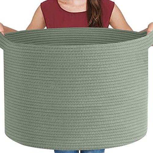 Extra Large Green Basket, 22" X 22" X 14" Woven Cotton Rope Baskets for Blankets, Nursery Wicker Laundry Basket, Kids Toy Storage Bin, Green Living Room Office Decor Baskets for Organizing