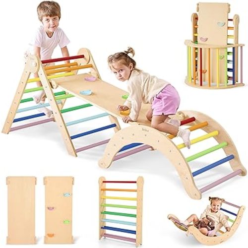 7 in 1 Toddler Climbing Toys Indoor, Montessori Climbing Set with Ramp, Arch & Climbing Triangle, Baby Climbing Gym, Indoor Playground for Kids 1-6, Wood Pikler Triangle Set, Foldable - Rainbow