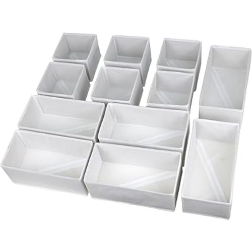Set of 12 Drawer Organizer, Fabric Closet Organizer and Storage Baskets,Foldable Drawer Divider for Clothing,Sock,Ties,Underwear Drawer Organizers,Set of Cabinet Storage Boxes (White)