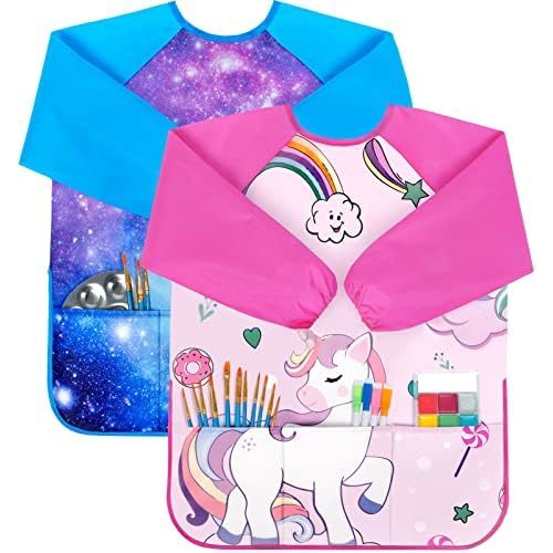 Bassion Smocks for Kids, Toddler Art Smock Artist Painting Aprons Waterproof Long Sleeve with 3 Pockets for Age 2-6 Years