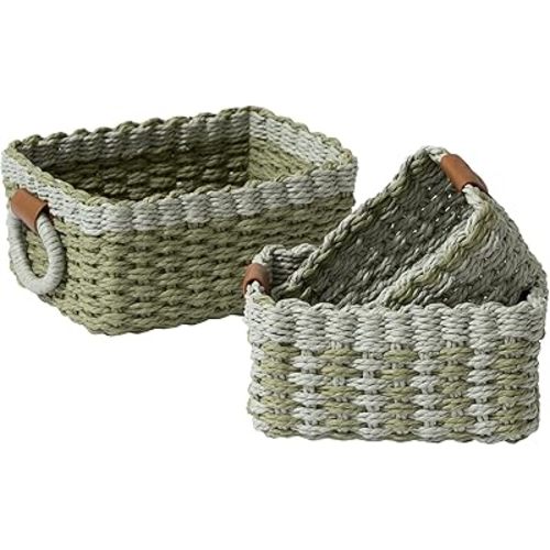 La Jolie Maison Small Sage and Light Green Wicker Baskets Set of 3, Paper Rope Storage Baskets with Handle, Small Woven Baskets for Organizing, Decorative Cute Baskets for Gifts