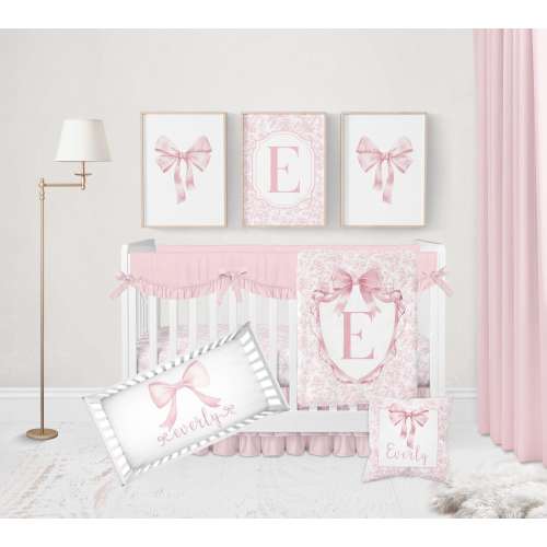 Pink Bow Crib Bedding Set Girl, Baby Girl Bedding Crib Sets, Coquette Nursery Decor, Toile Nursery, Bow Baby Crib Bedding, Mini Crib Bedding