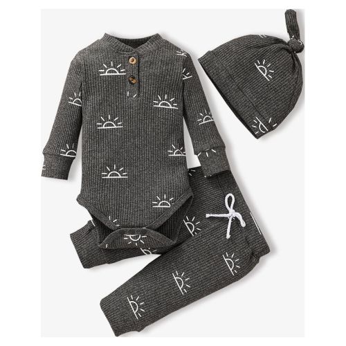 PatPat Newborn Baby Pajamas Boy Girl Clothes Cotton Ribbed Long Sleeve Romper and Pants Outfit Sets, 3-6 Months