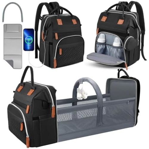 Diaper Bag Backpack for New Parents, Large Capacity Baby Travel Bag with Bottle Holders, Multiple Compartments (Black)