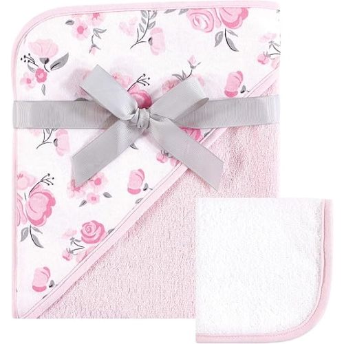 Hudson Baby Unisex Baby Cotton Hooded Towel and Washcloth, Pink Floral, One Size