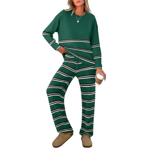 Caracilia Women's 2 Piece Outfits Sweater Sets Striped Oversized Sweaters Knit Wide Leg Pant Lounge Set 2024 Fall Outfits