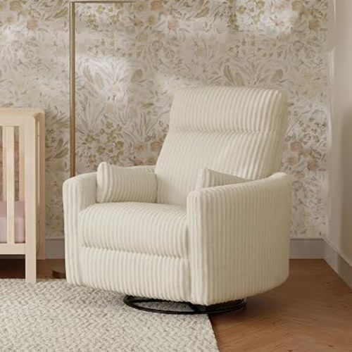 Davinci Atlas Upholstered Recliner and Swivel Glider in Cream Cozy Corduroy | Nursery Glider Chair with High Back, Padded Armrests, and Bolster Pillows | Smooth Recline for Nursing and Feeding