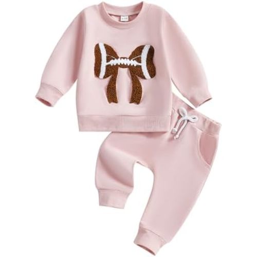 Karuedoo Toddler Baby Girl Football Clothes Football Bow Embroidery Long Sleeve Sweatshirt Top Pants Set 2Pcs Fall Outfits