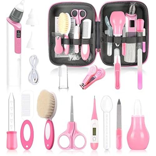 Baby Grooming Kit, Infant Safety Care Set with Baby Nose Aspirator,Baby Hair Brush Comb Nail Clipper Nasal Aspirator,Baby Essentials Kit for Newborn Girls Boys (17 Pc Pink Kit)