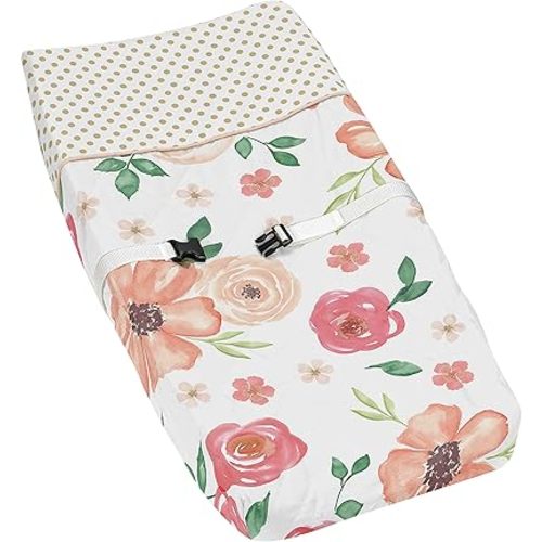 Sweet Jojo Designs Peach, Green and Gold Changing Pad Cover for Watercolor Floral Collection - Pink Rose Flower