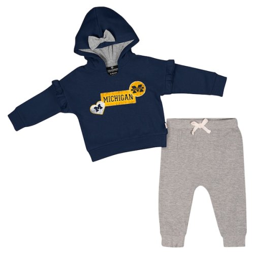 Michigan Wolverines Colosseum Girls Infant Patches Fleece Pullover Hoodie and Pants Set - Navy