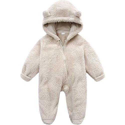 Baby Snowsuit Newborn Snowsuit Winter Hooded Footie Warm Jumpsuit for Infant Girls Boys Newborn Bear (Beige, 3-6 Months)