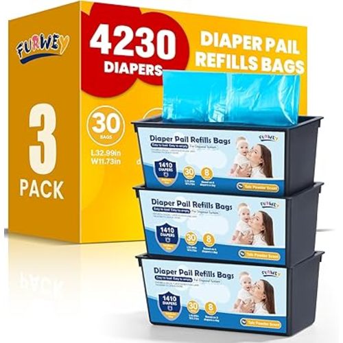 Diaper Pail Refill Bags 30 Bags Per Refill，Compatible with Genie Easy Roll Signature Diaper Pails Holds Up to 4230 Newborn Diapers Talc Powder Scent 7 Layer Odor Barrier,Scented,3PACK (90 Bags)