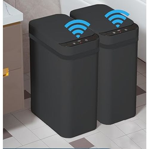 Yatmung 2 Pack - Skinny Trash Bin Sensor Motion 2.5 Gallon Touchless Bathroom Trash Can - Smart Trash Can with Lid - Electric, Narrow, Plastic, Auto Open - Small Slim Automatic Garbage Can (Black)