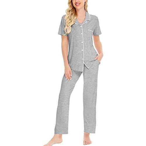 SWOMOG Women Pajama Sets Two-Piece Nightwear Short Sleeve Sleepwear Button Down Pj Lounge Sets with Long Pants